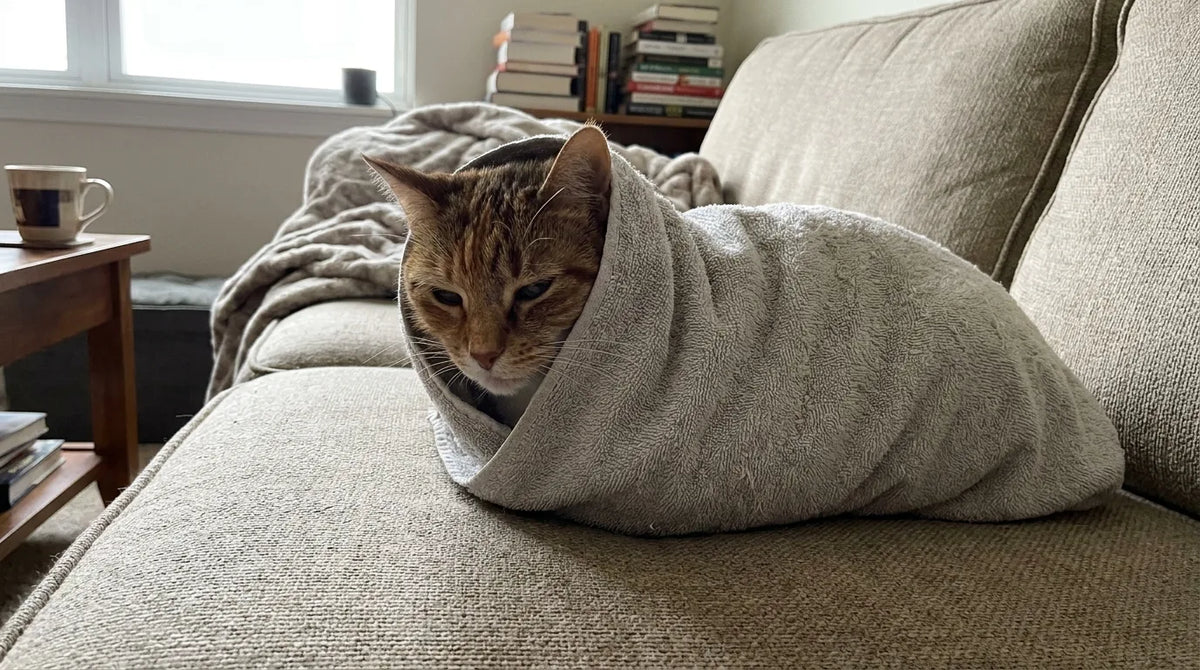 Un chat enveloppé dans une serviette, la tête dégagée, selon la technique du burrito
