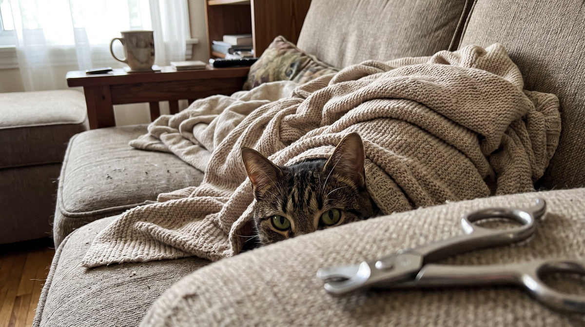 Un chat caché sous un plaid observe avec méfiance un coupe-griffes posé sur le canapé