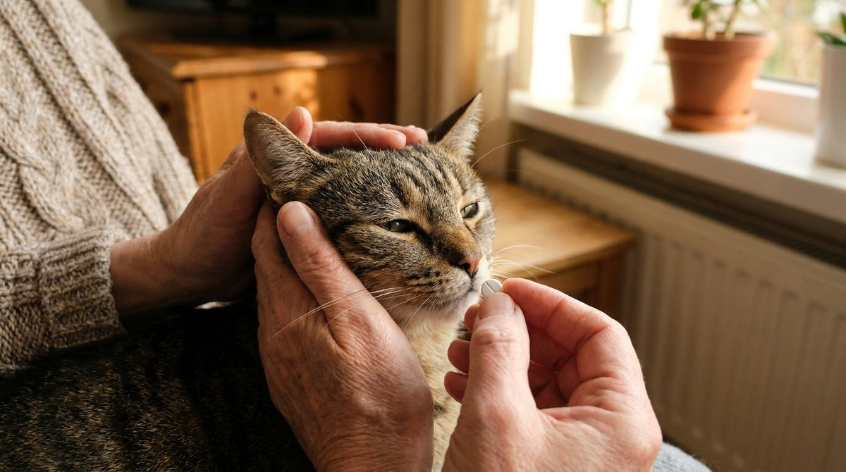 Une main donne un comprimé à un chat calme, la tête maintenue doucement