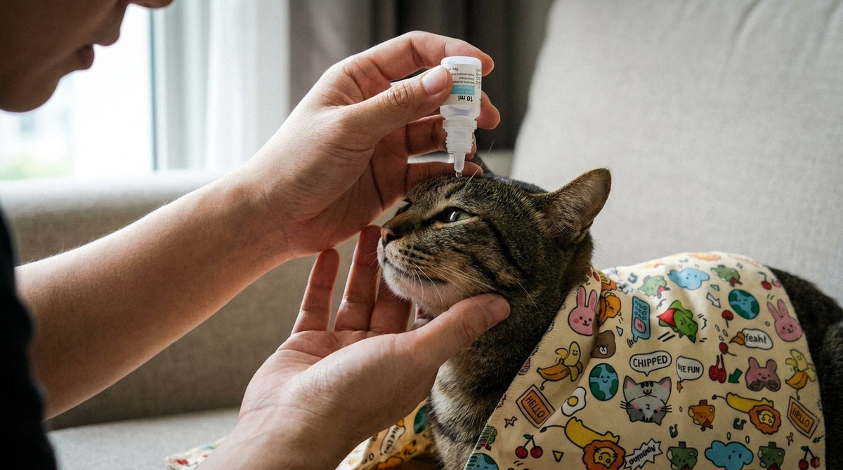 Une main approche un flacon de collyre de l'œil d'un chat calme.
