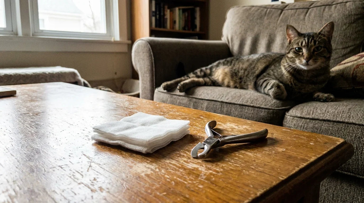 Des compresses et un coupe-griffes posés sur une table basse, un chat allongé sur le canapé au second plan