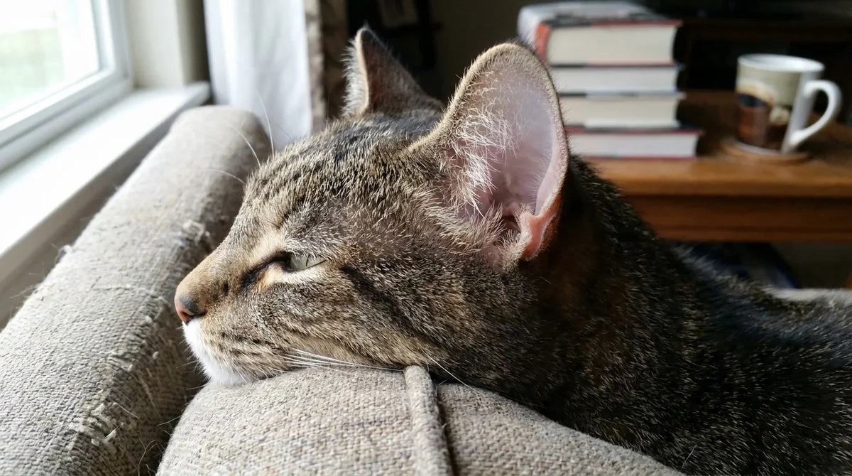 Gros plan de profil sur l'oreille d'un chat calme, les yeux mi-clos