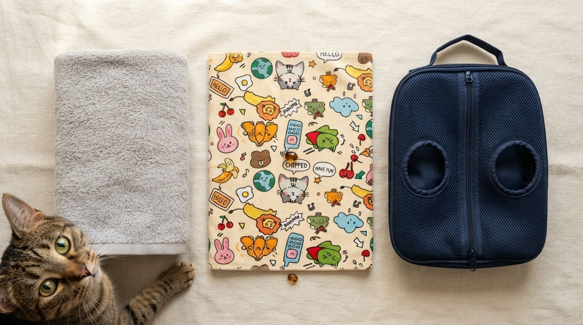 Serviette, couverture de contention et sac de contention pour chat posés côte à côte