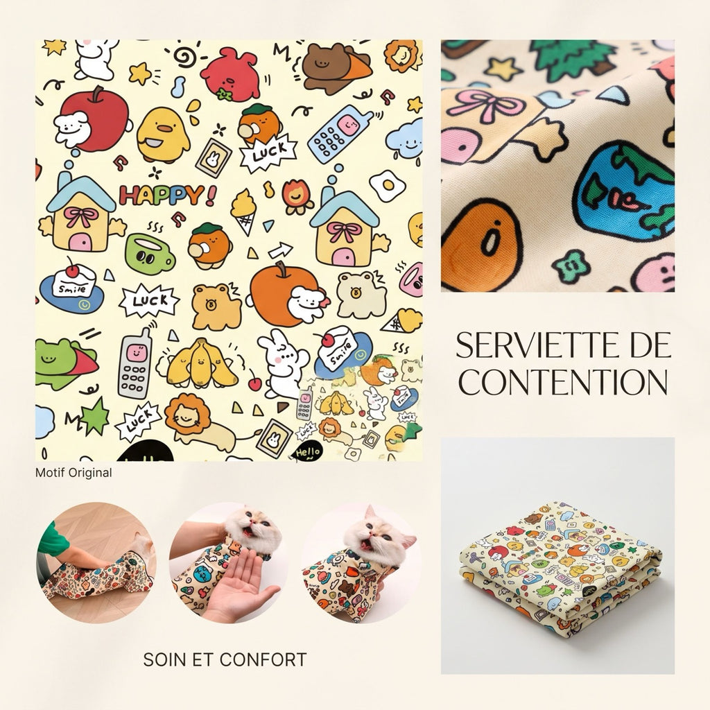 Couverture de contention pour chat : motif, tissu et chat enveloppé pendant un soin