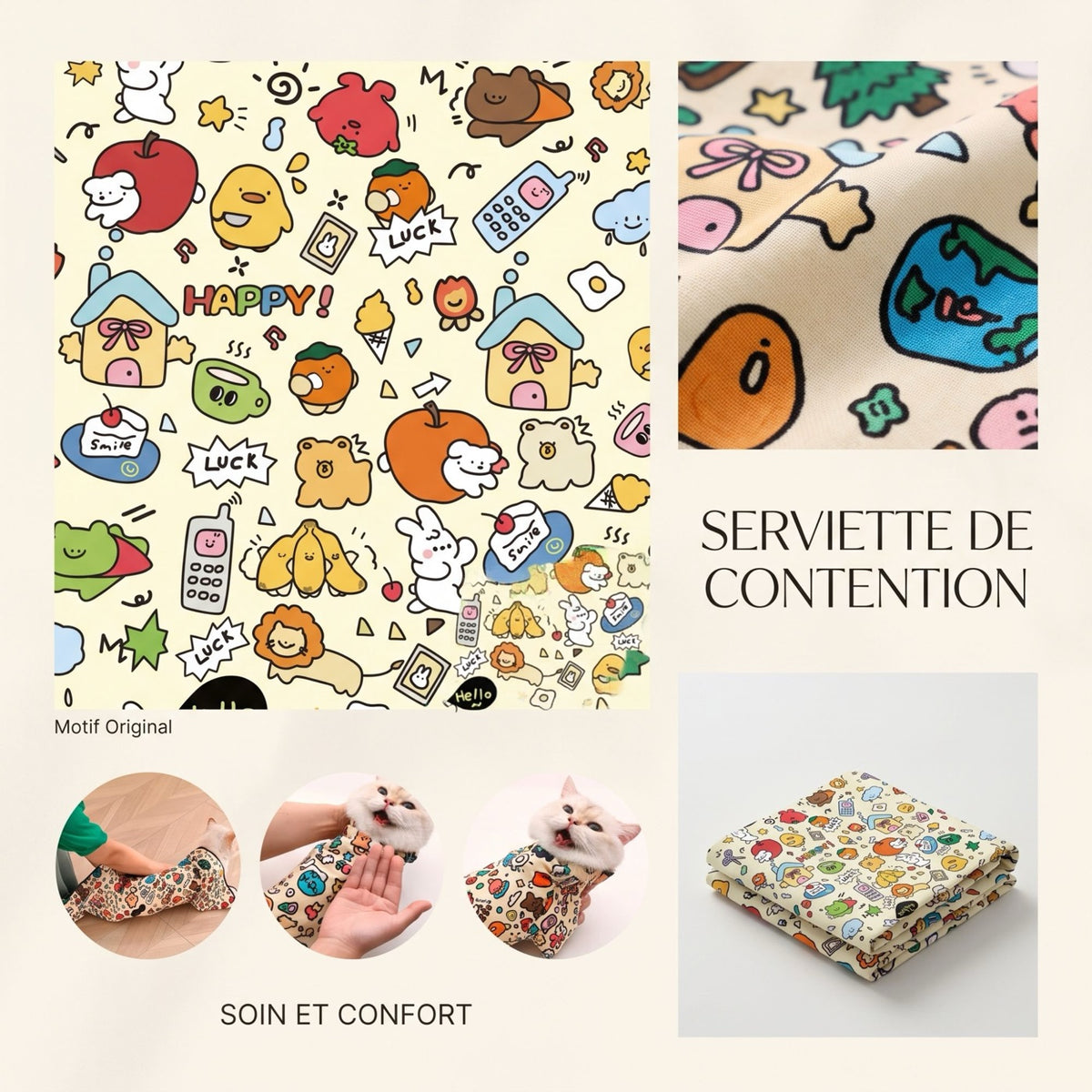 Couverture de contention pour chat : motif, tissu et chat enveloppé pendant un soin